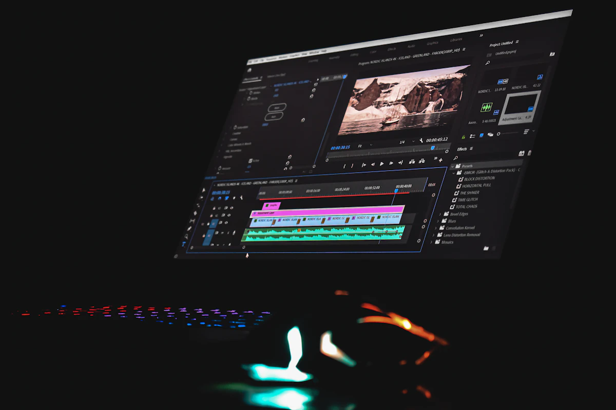 A computer monitor displaying video editing software with a timeline and preview window