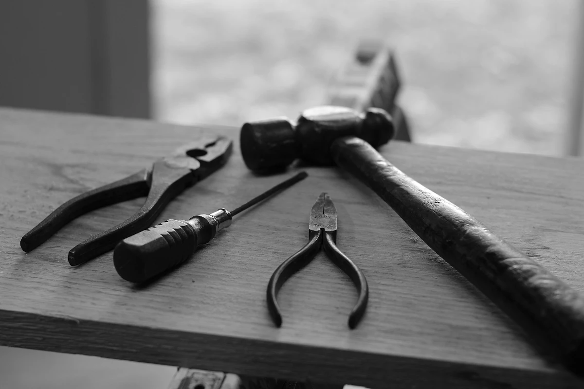 Four hand tools on a board, in black and white