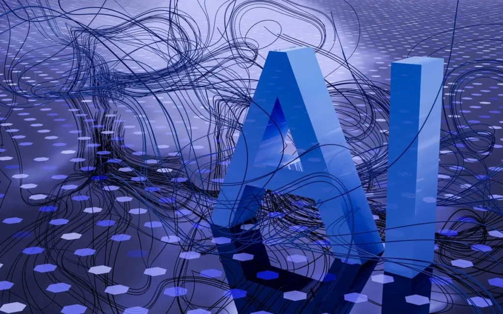 Three-dimensional AI lettering on a dark digital background
